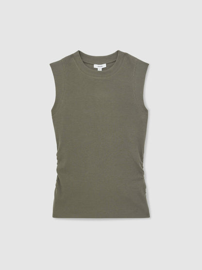 Reiss Ribbed Ruched Waist Vest in Khaki Green