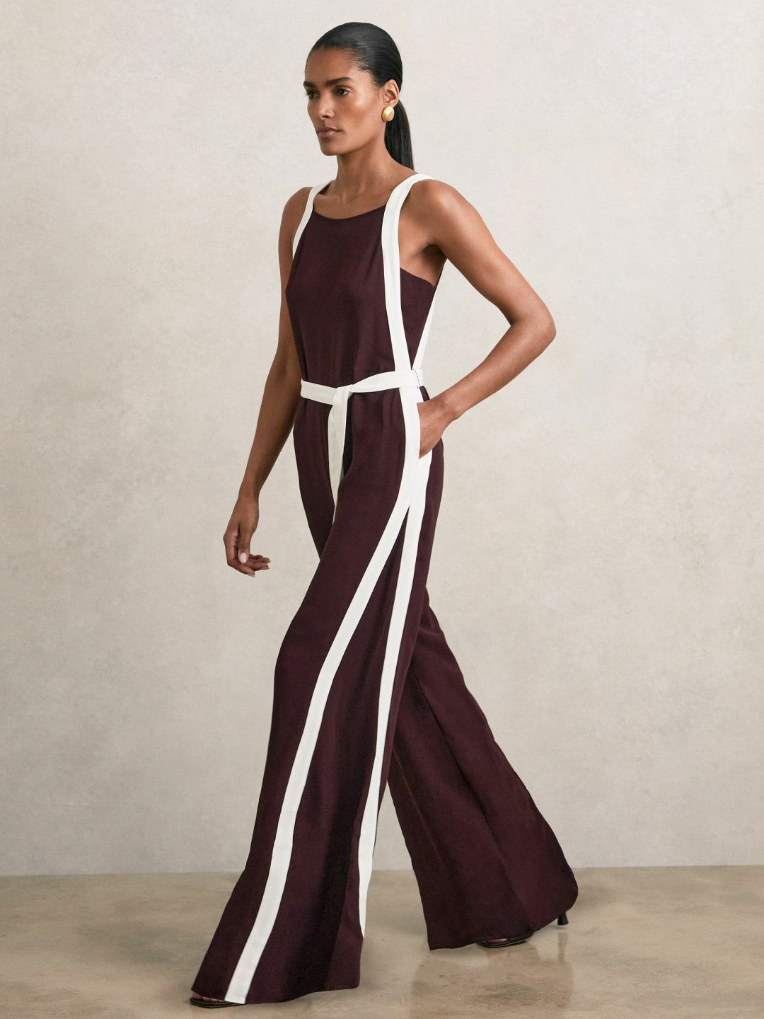 Reiss Petite Colourblock Wide Leg Belted Jumpsuit in Burgundy/Cream