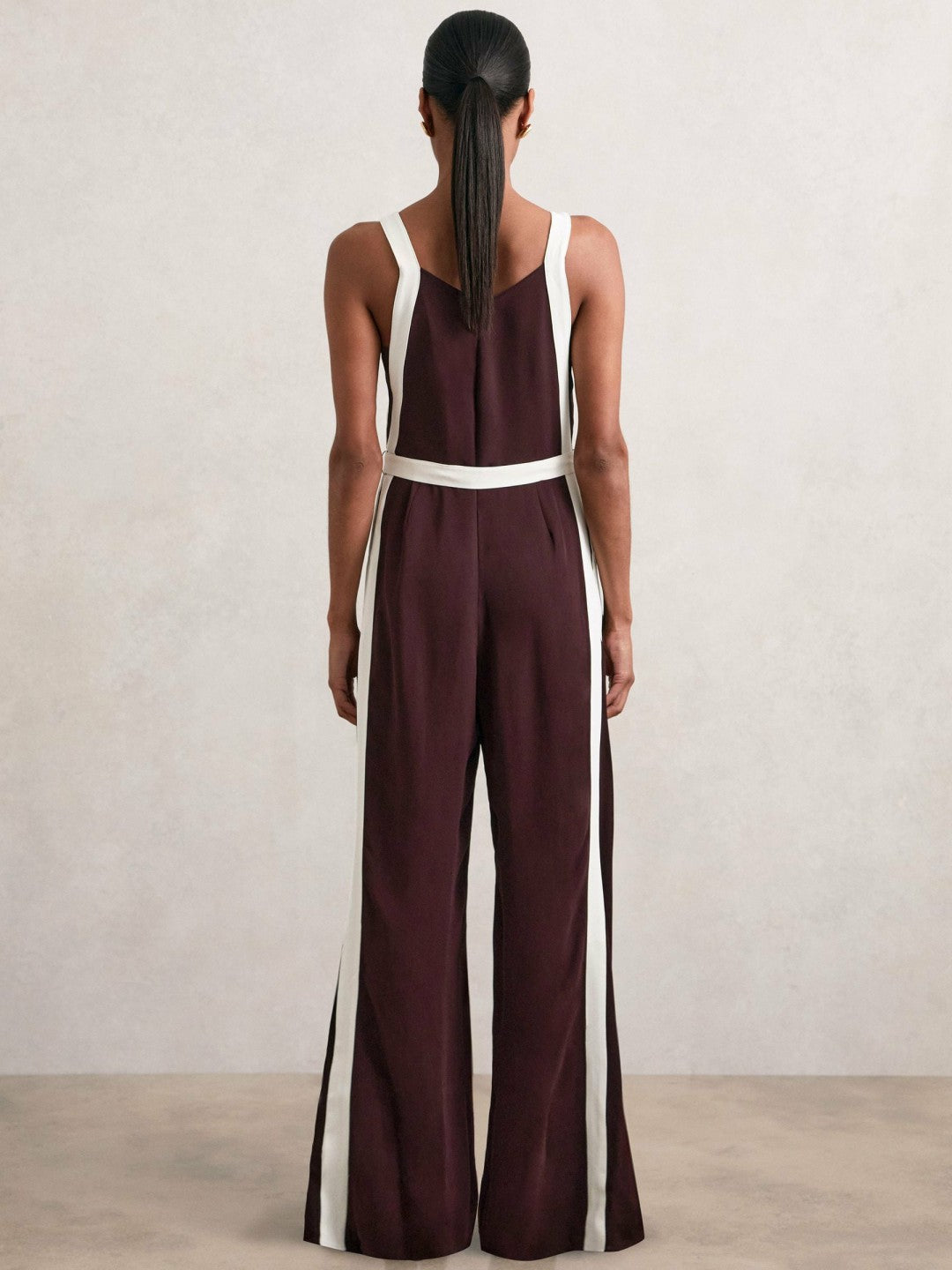 Reiss Petite Colourblock Wide Leg Belted Jumpsuit in Burgundy/Cream