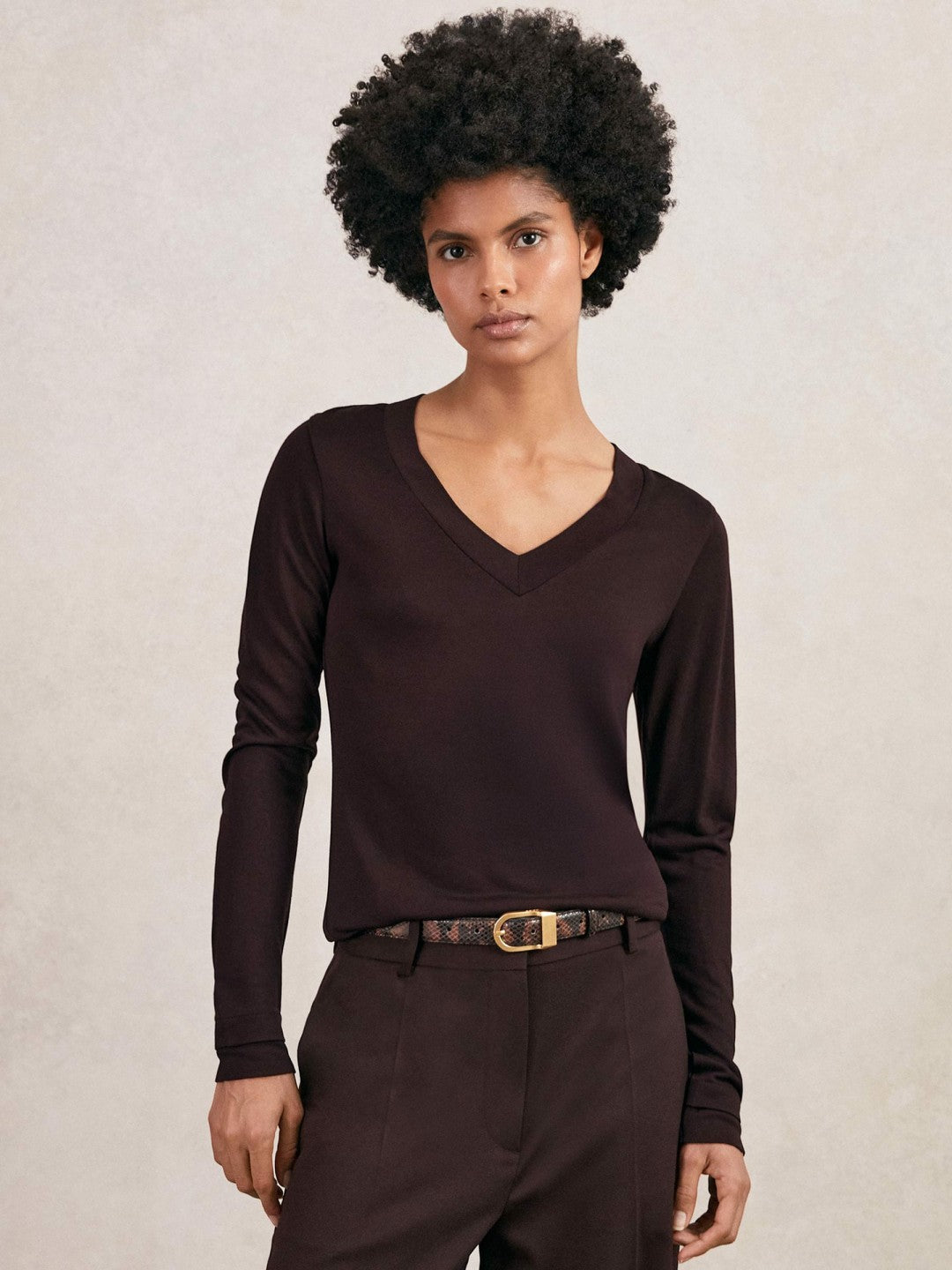 Reiss Jersey V-Neck Top in Plum