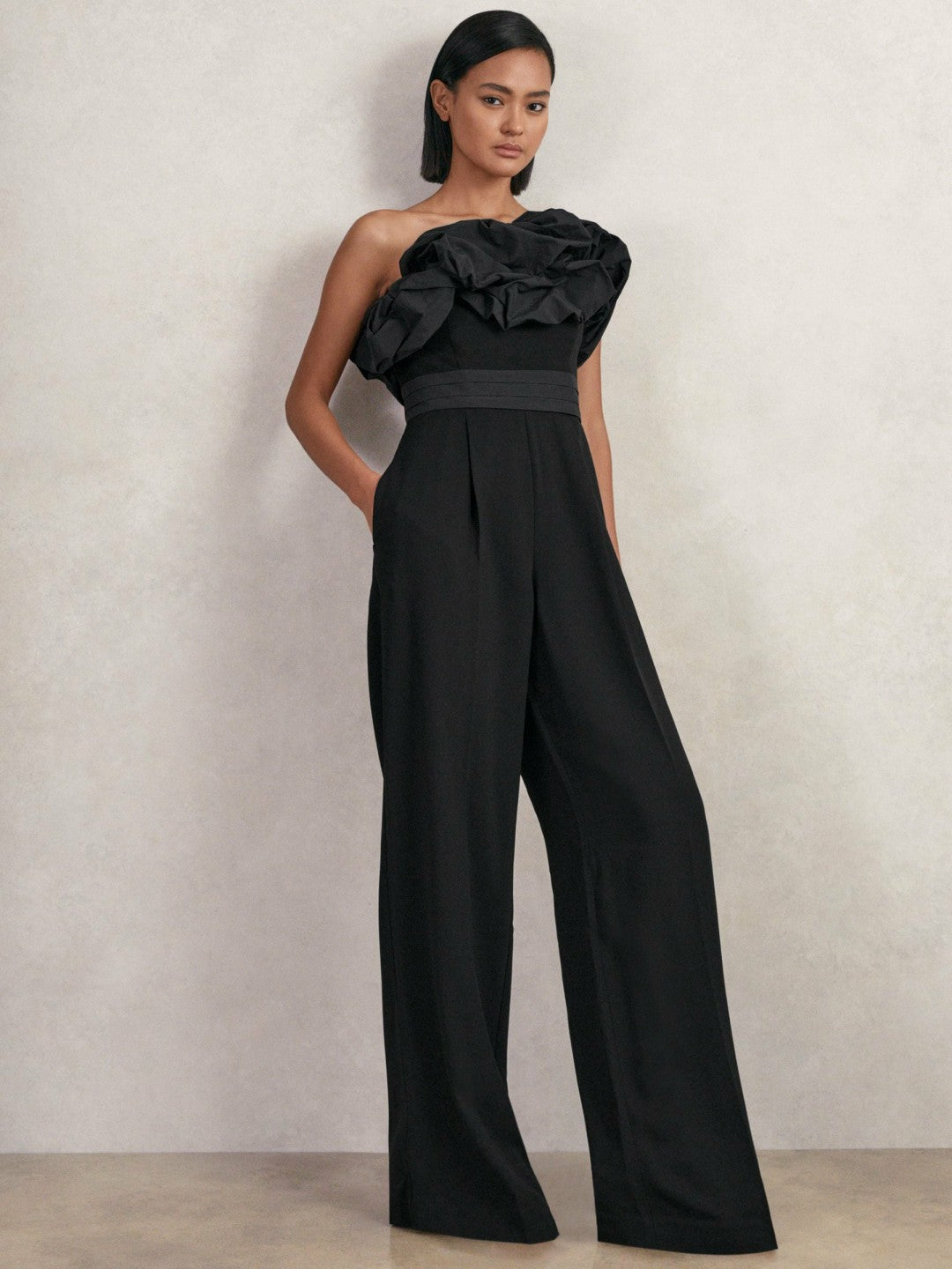 Reiss Sculptural Strapless Wide-Leg Jumpsuit in Black