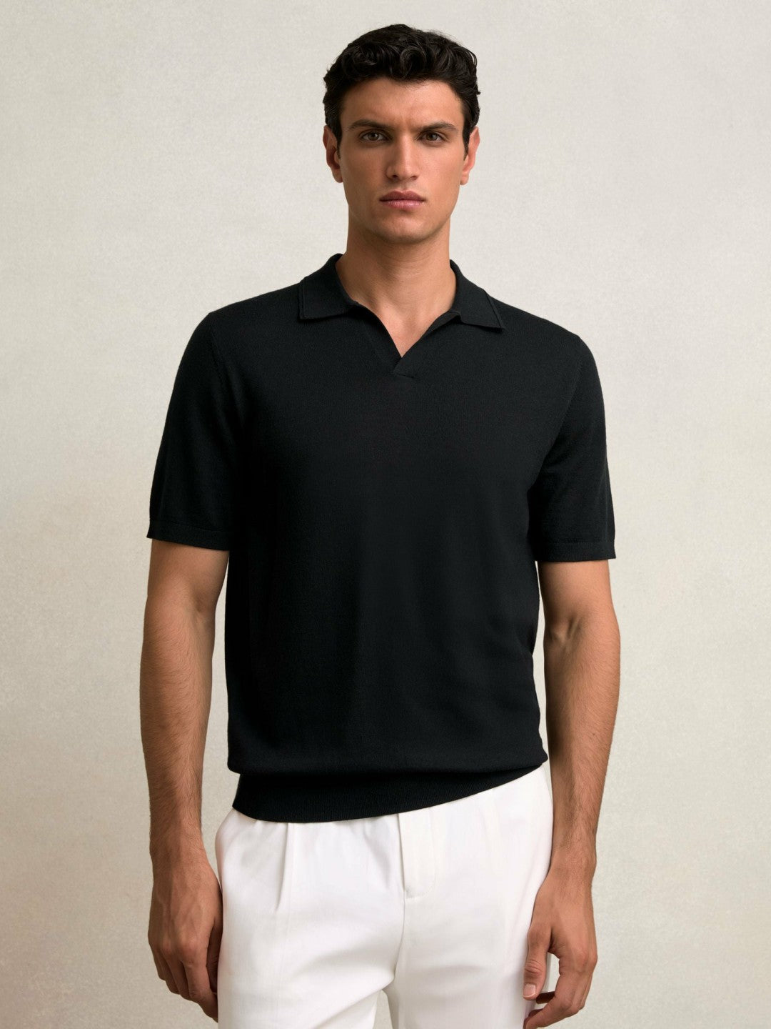 Reiss Merino Wool Open Collar Polo Shirt in Black