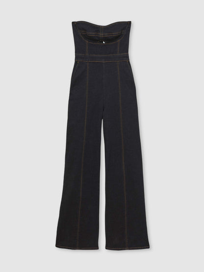 Reiss Strapless Wide Leg Denim Jumpsuit in Indigo Blue