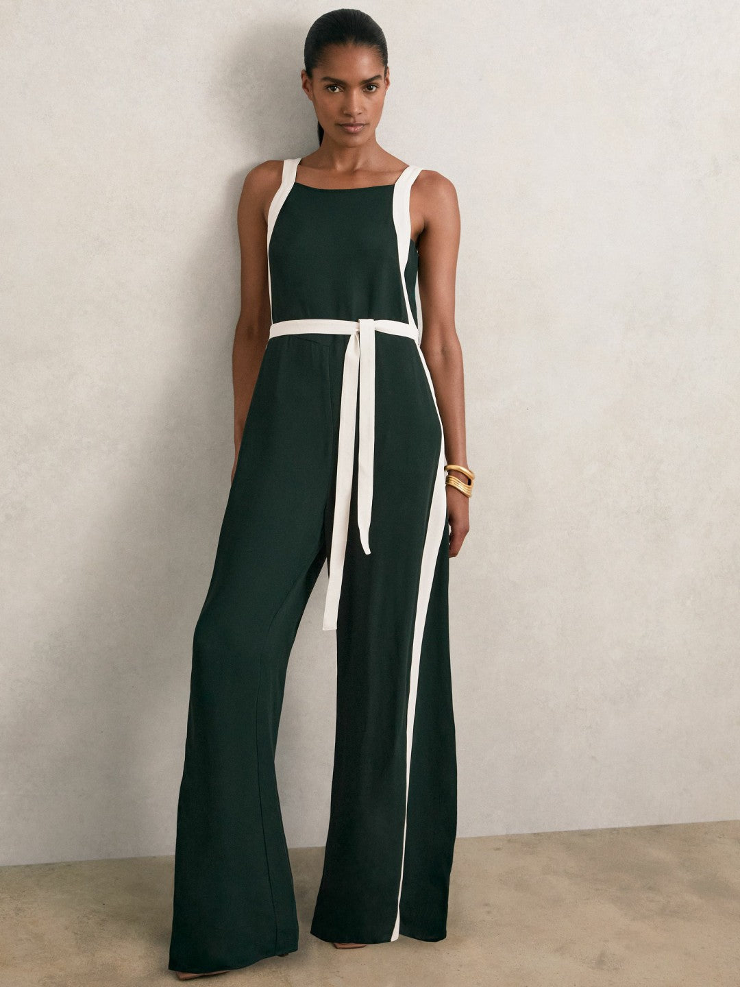 Reiss Petite Colourblock Wide Leg Belted Jumpsuit in Dark Green/Cream