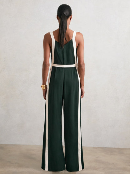 Reiss Petite Colourblock Wide Leg Belted Jumpsuit in Dark Green/Cream