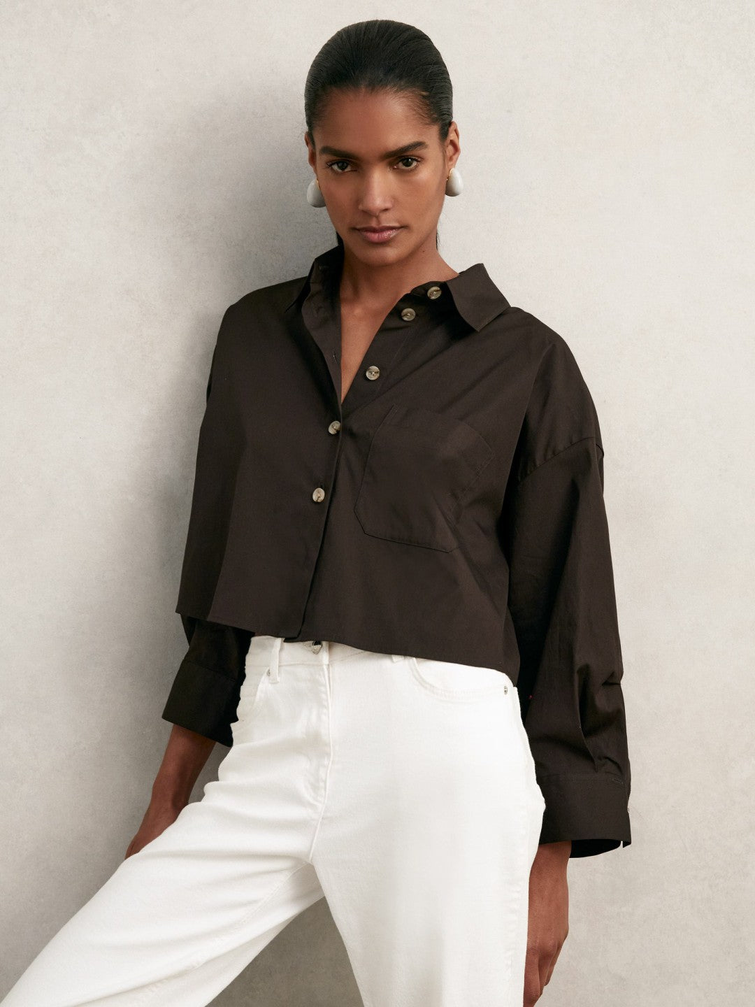 Reiss Oversize Cotton Cropped Shirt in Chocolate Brown