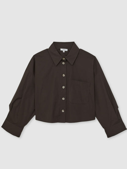 Reiss Oversize Cotton Cropped Shirt in Chocolate Brown