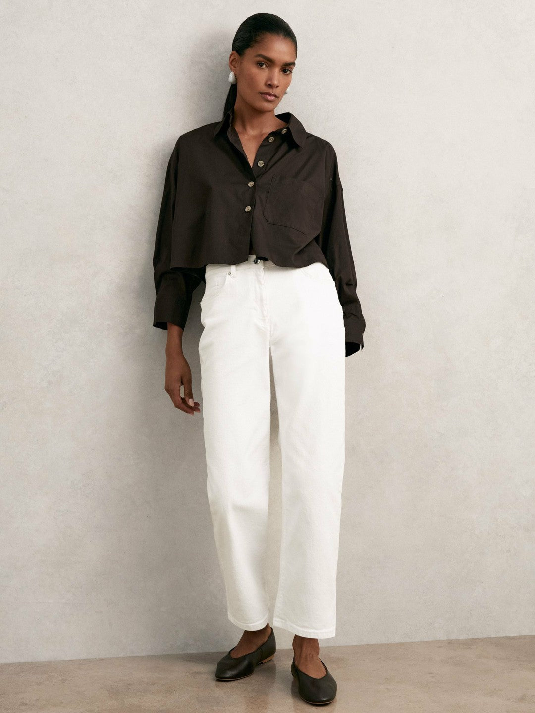 Reiss Oversize Cotton Cropped Shirt in Chocolate Brown