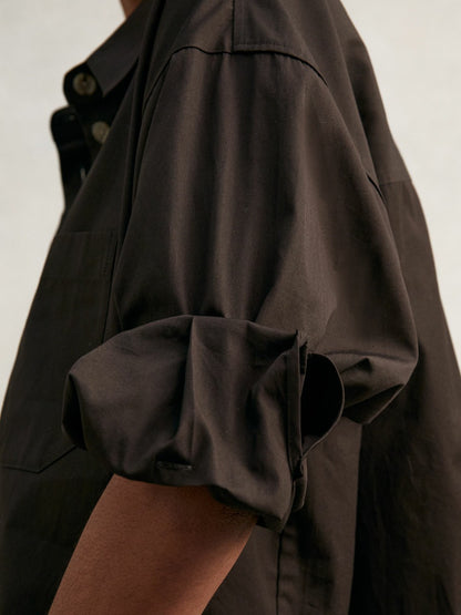 Reiss Oversize Cotton Cropped Shirt in Chocolate Brown
