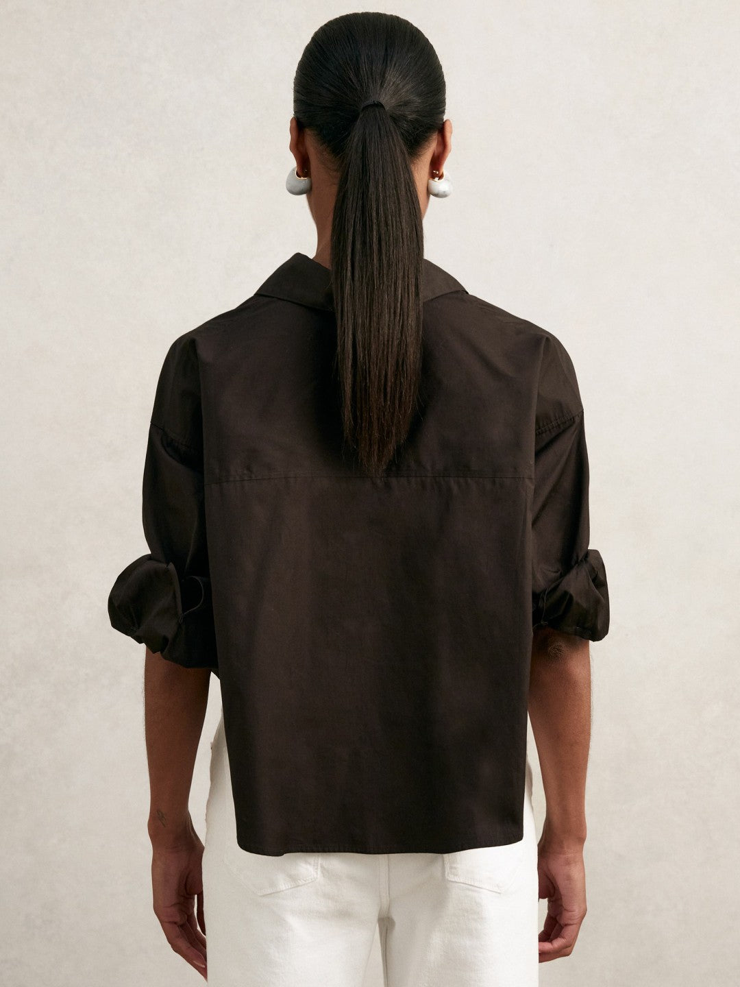 Reiss Oversize Cotton Cropped Shirt in Chocolate Brown