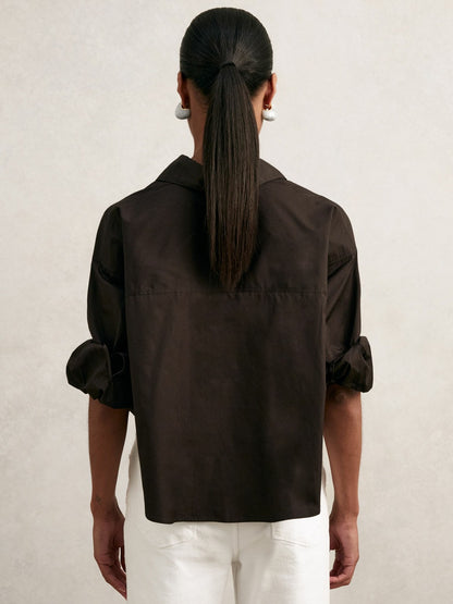 Reiss Oversize Cotton Cropped Shirt in Chocolate Brown