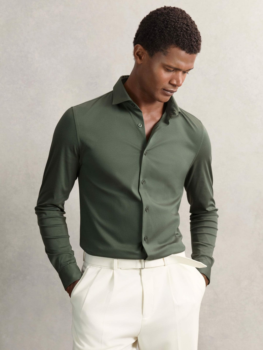 Reiss Cotton-Jersey Button-Through Shirt in Kale Green