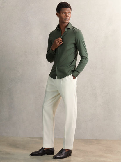 Reiss Cotton-Jersey Button-Through Shirt in Kale Green
