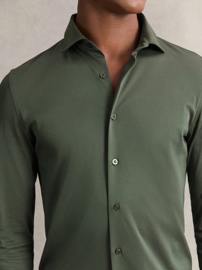 Reiss Cotton-Jersey Button-Through Shirt in Kale Green