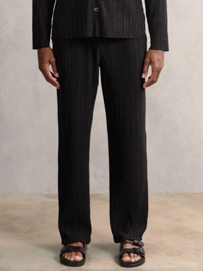 Reiss Plissé Wide Leg Trousers in Black