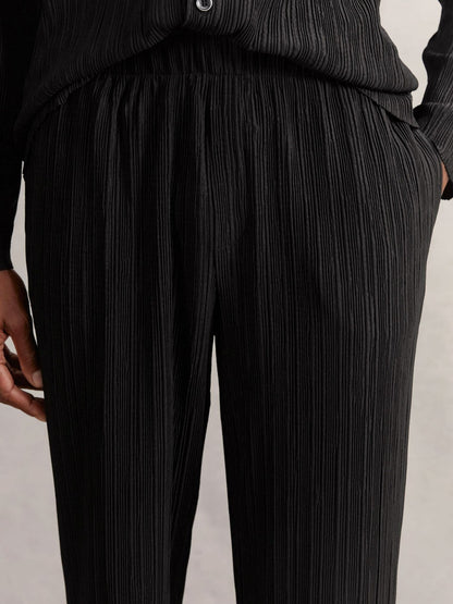 Reiss Plissé Wide Leg Trousers in Black