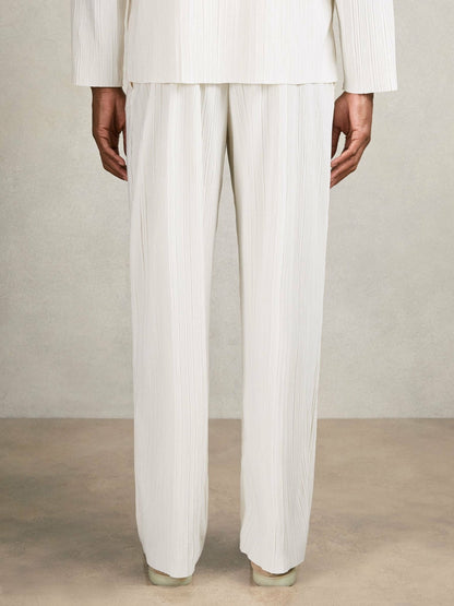 Reiss Plissé Wide Leg Trousers in Off White