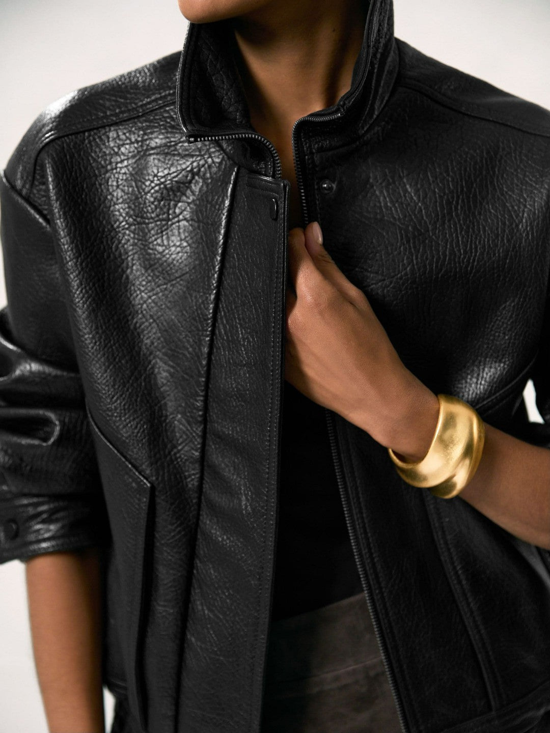 Reiss Oversize Grained-Leather Bomber Jacket in Black