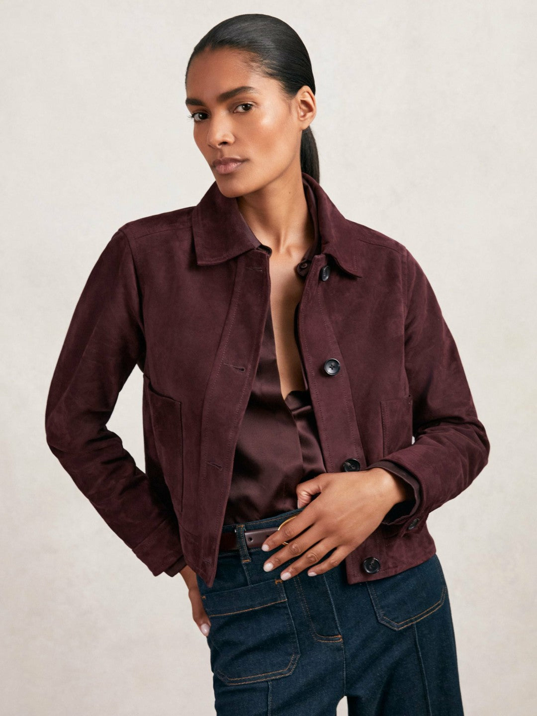 Reiss Suede Button Through Jacket in Burgundy