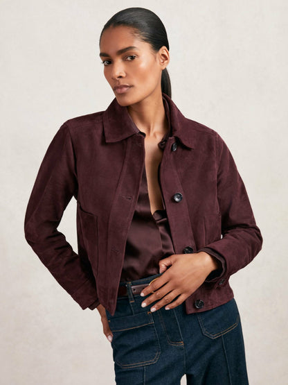 Reiss Suede Button Through Jacket in Burgundy