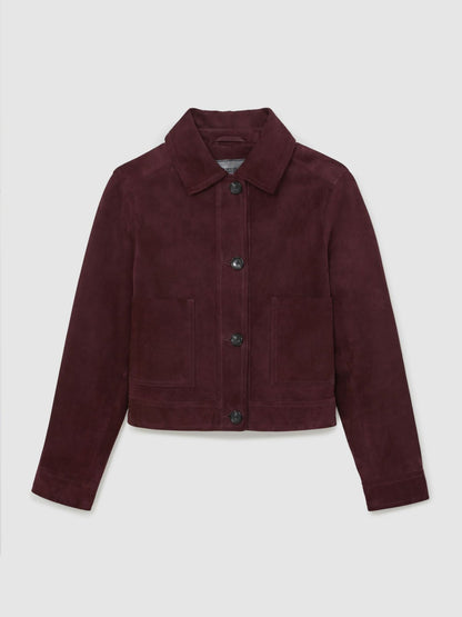 Reiss Suede Button Through Jacket in Burgundy