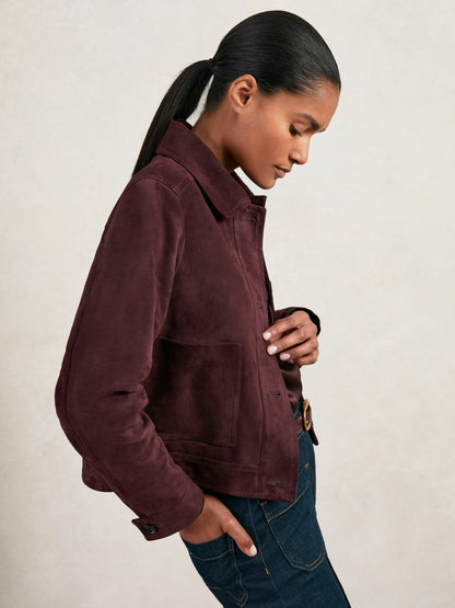 Reiss Suede Button Through Jacket in Burgundy
