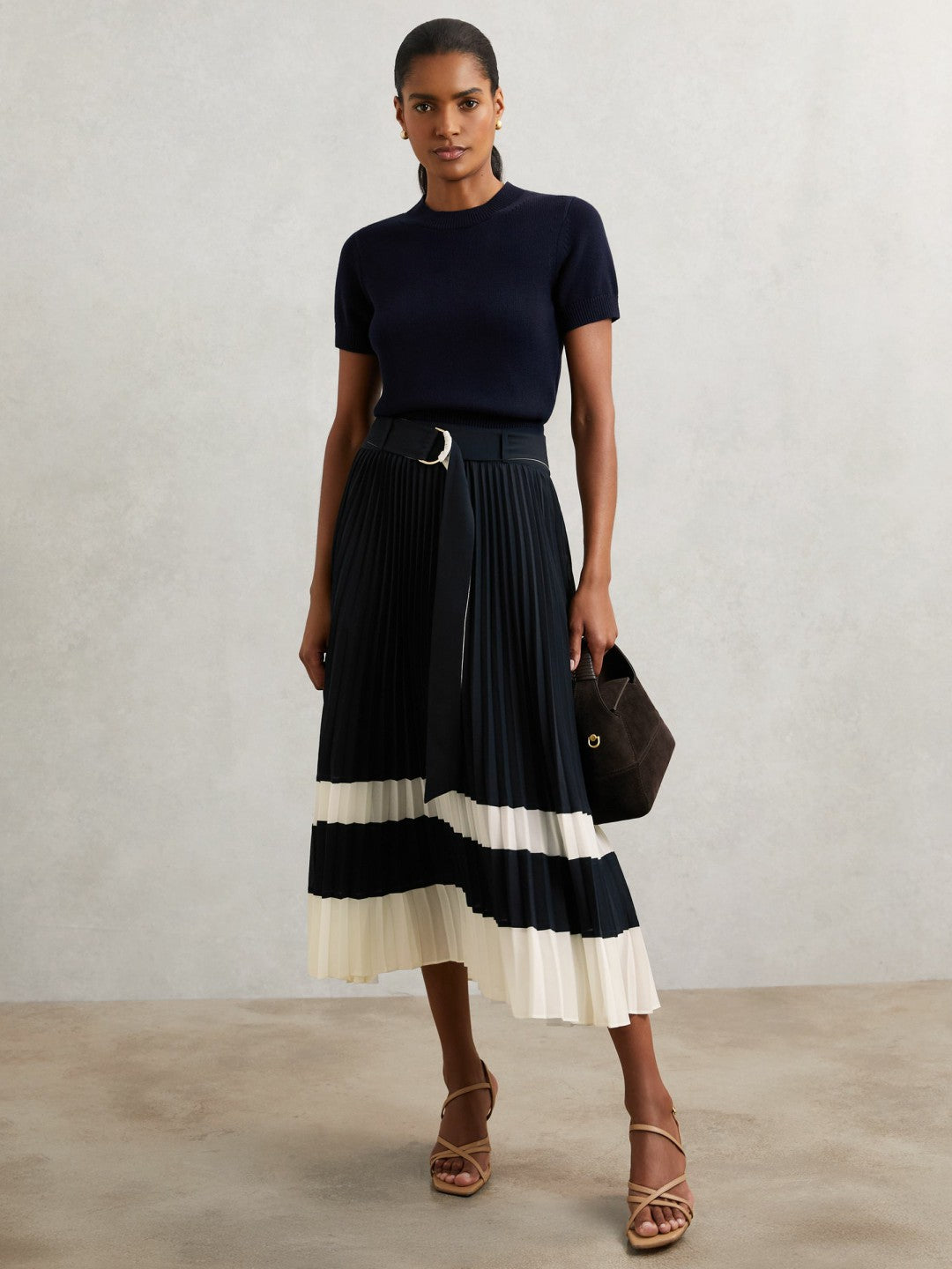 Reiss Belted Pleated Midi Skirt in Navy/Ivory