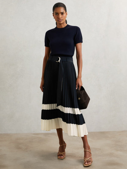 Reiss Belted Pleated Midi Skirt in Navy/Ivory