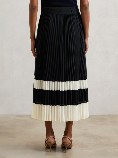Reiss Belted Pleated Midi Skirt in Navy/Ivory