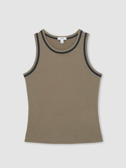 Reiss Stretch-Cotton Jersey Tipped Vest in Khaki Green/Navy