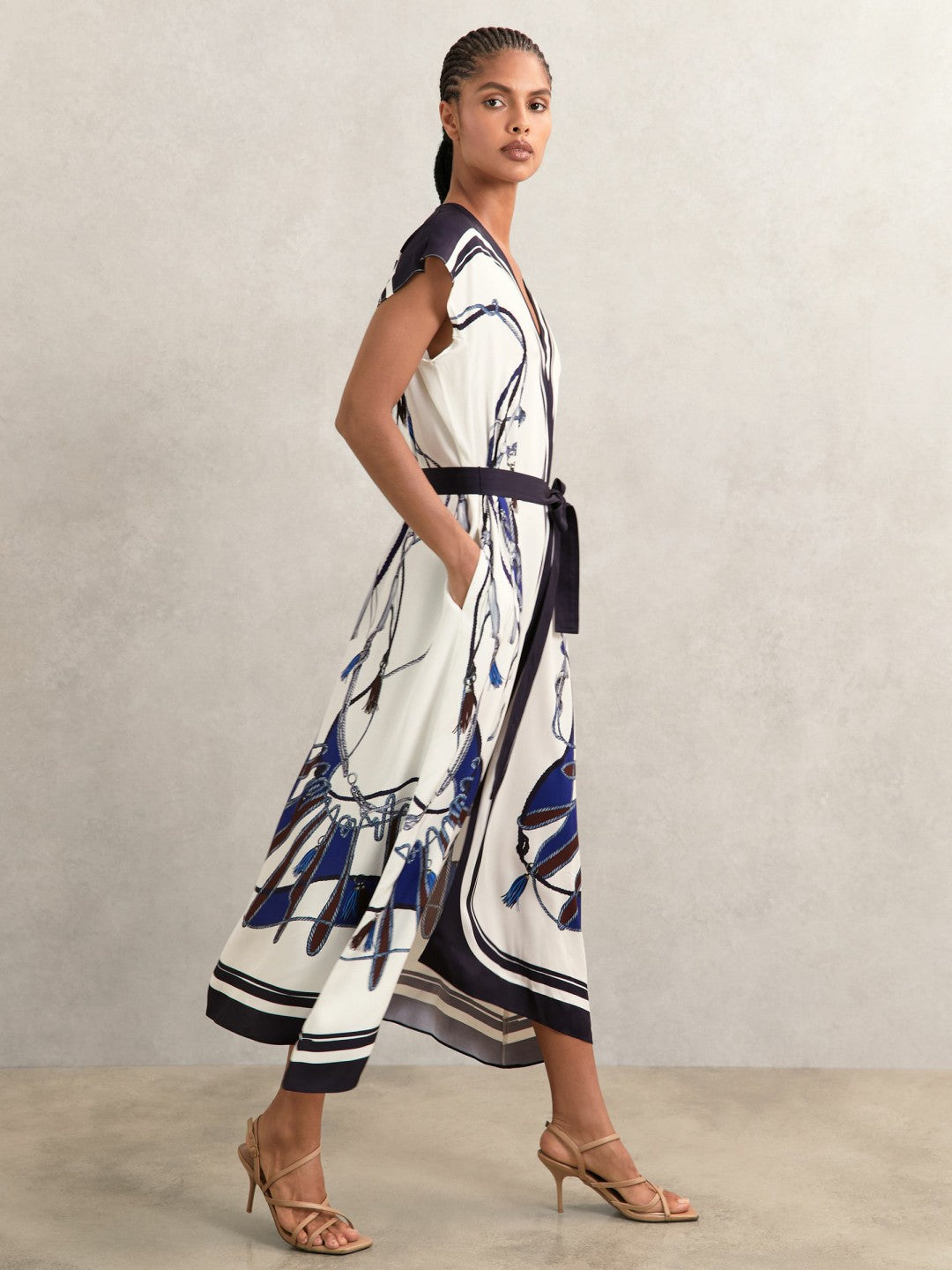 Reiss Scarf-Print V-Neck Belted Midi Dress in Blue/Brown