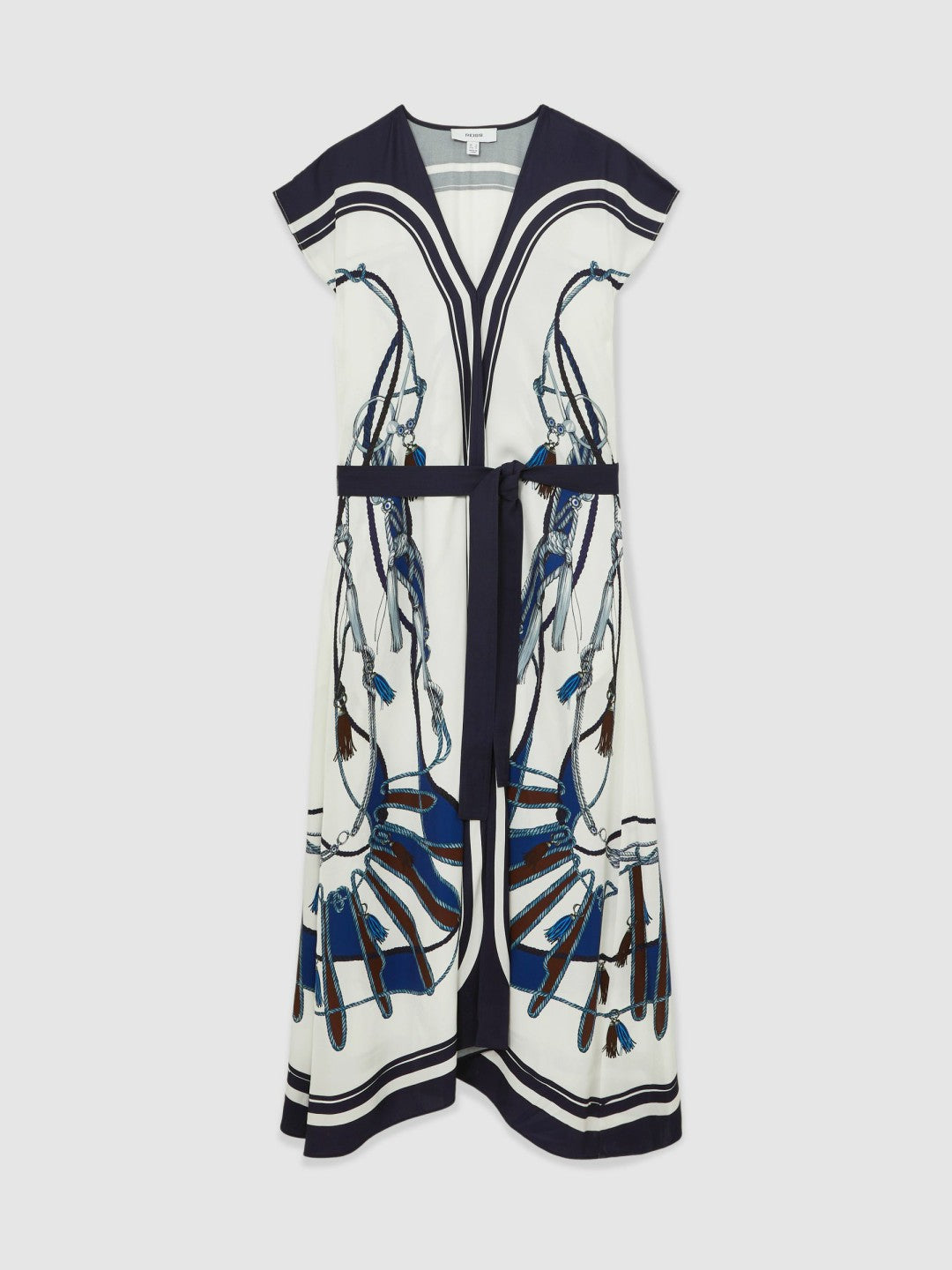 Reiss Scarf-Print V-Neck Belted Midi Dress in Blue/Brown