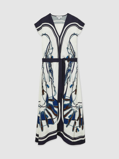 Reiss Scarf-Print V-Neck Belted Midi Dress in Blue/Brown