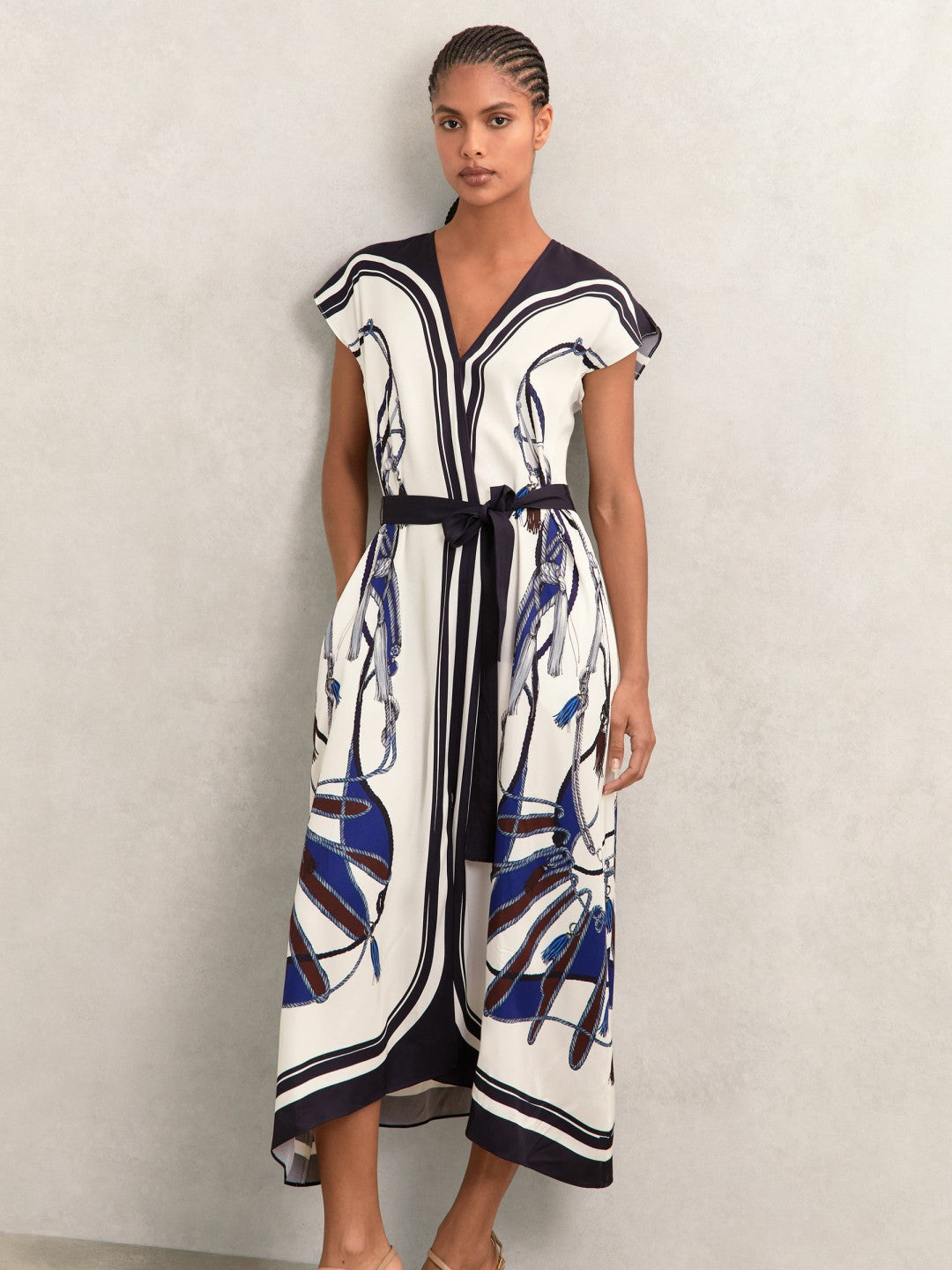 Reiss Scarf-Print V-Neck Belted Midi Dress in Blue/Brown