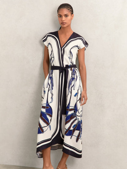 Reiss Scarf-Print V-Neck Belted Midi Dress in Blue/Brown