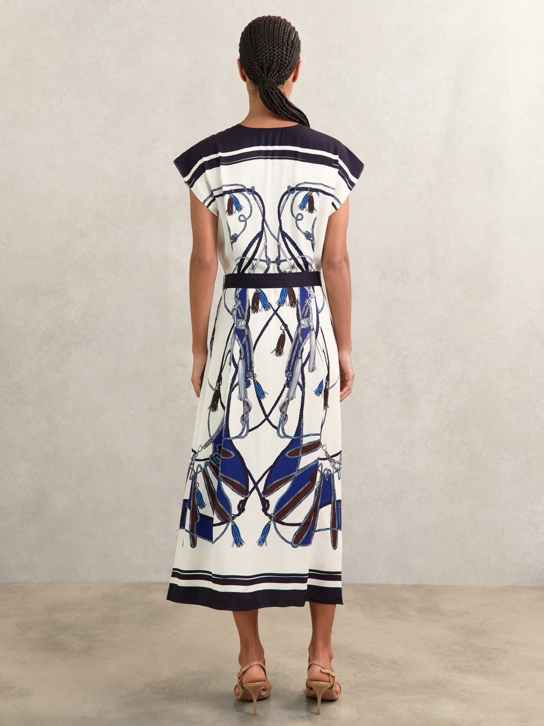 Reiss Scarf-Print V-Neck Belted Midi Dress in Blue/Brown