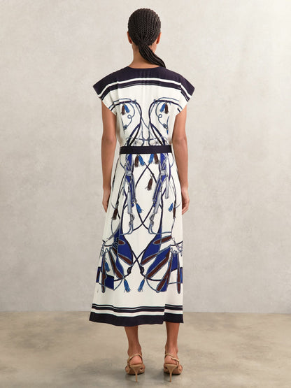 Reiss Scarf-Print V-Neck Belted Midi Dress in Blue/Brown