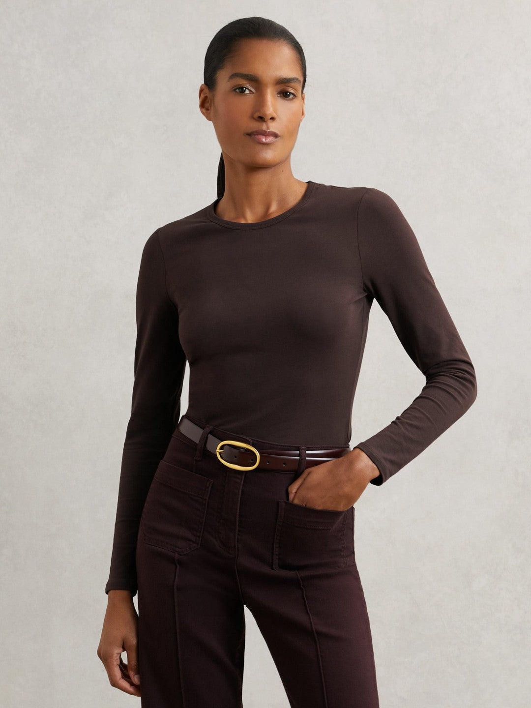 Reiss Cotton Crew-Neck Long-Sleeve T-Shirt With Stretch in Plum Purple