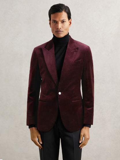 Reiss Single-Breasted Velvet Blazer Regular-Fit in Bordeaux