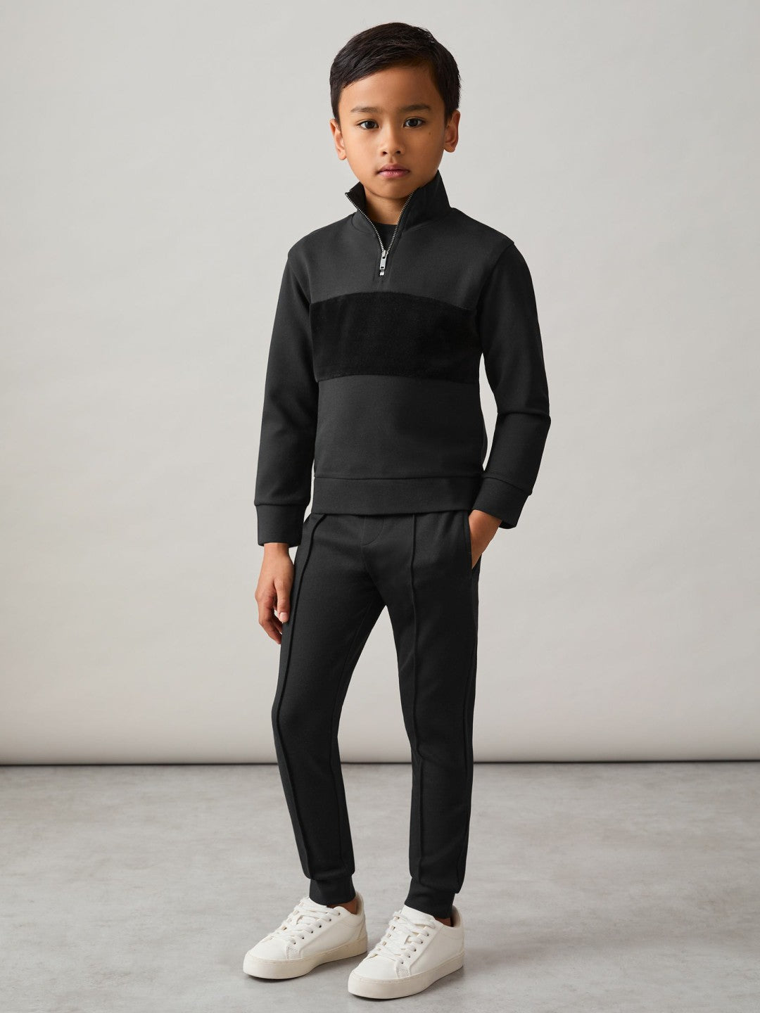 Reiss 3-9 yrs Interlock Velour-Panel Zip Sweatshirt in Black