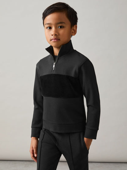 Reiss 3-9 yrs Interlock Velour-Panel Zip Sweatshirt in Black
