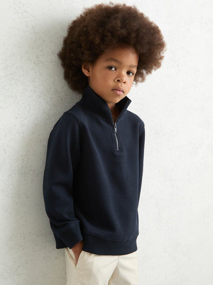 Reiss 9-13 yrs Textured Half-Zip Sweatshirt with Cotton in Navy