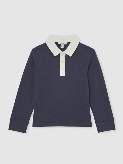 Reiss Cotton Half-Button Rugby Polo Shirt in Navy/White