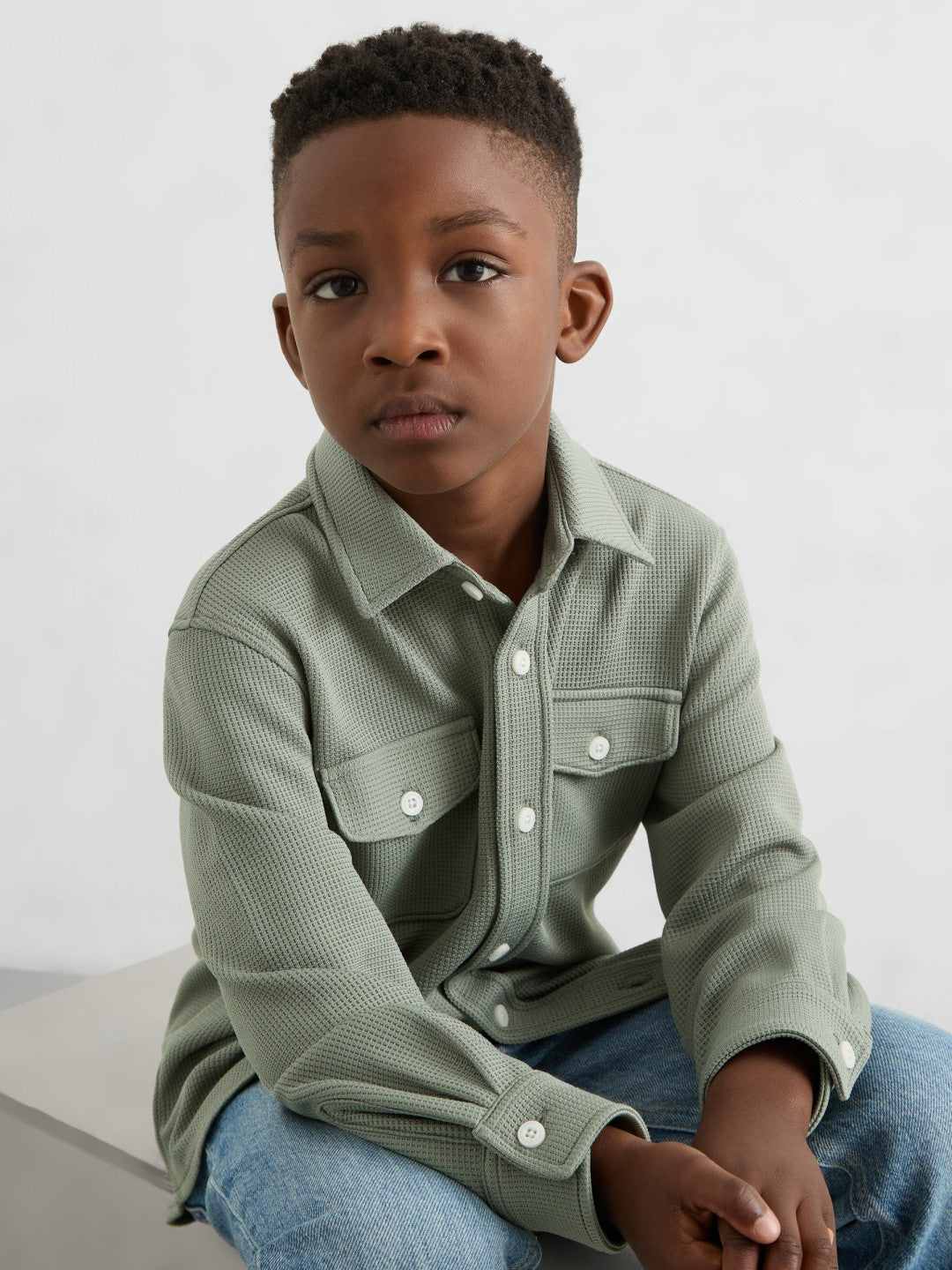 Reiss 9-13 yrs Waffle-Textured Twin-Pocket Overshirt in Sage