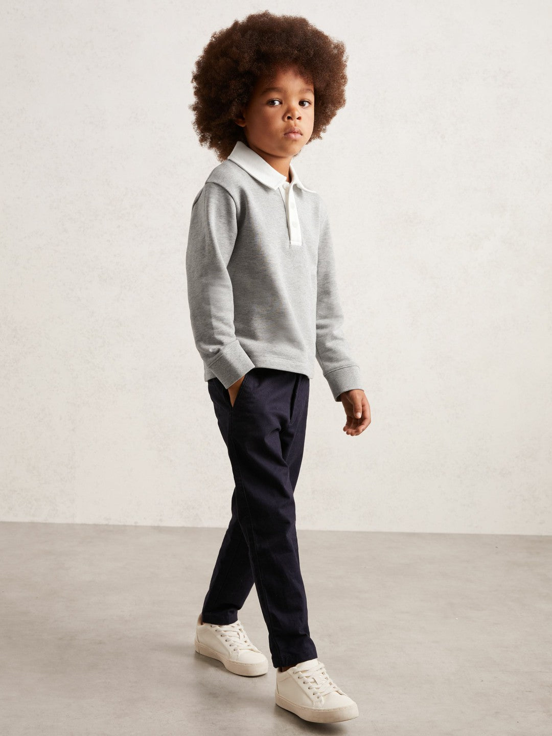 Reiss Cotton Half Button Rugby Polo Shirt in Grey Marl/White