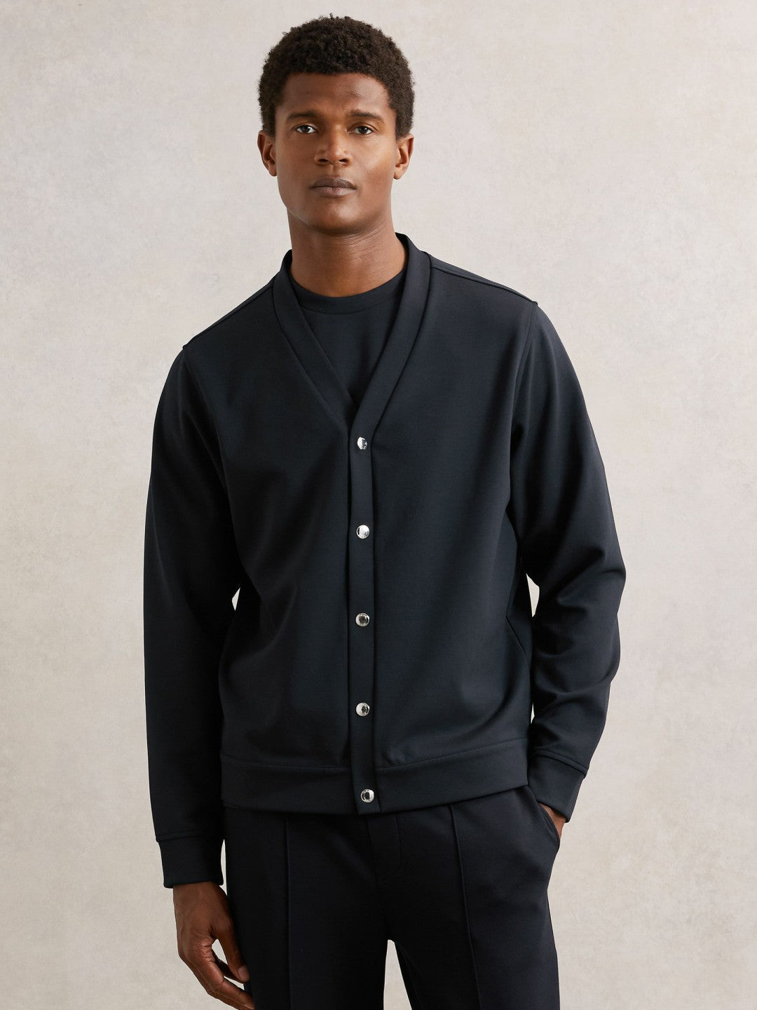 Reiss V-Neck Interlock Jersey Cardigan in Navy