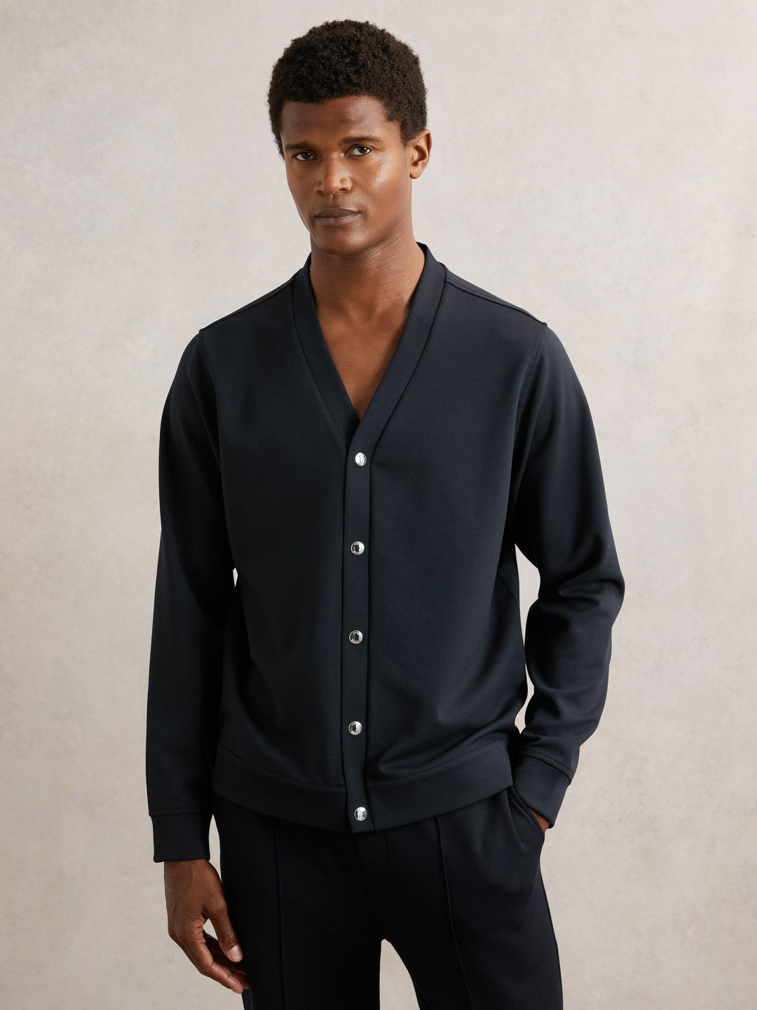 Reiss V-Neck Interlock Jersey Cardigan in Navy