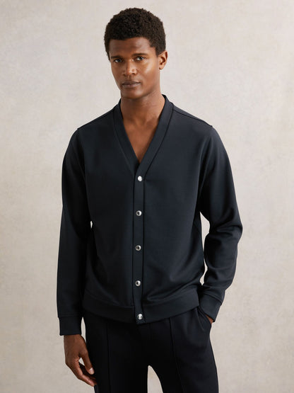 Reiss V-Neck Interlock Jersey Cardigan in Navy