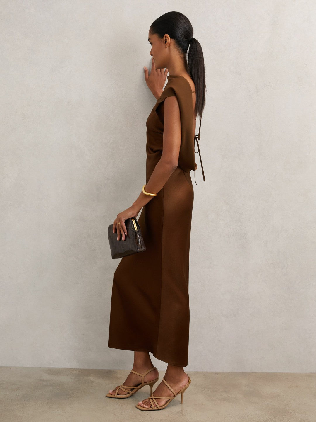 Reiss Petite Back Detail Midi Dress in Bronze