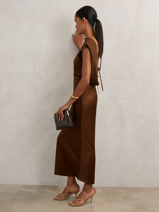 Reiss Petite Back Detail Midi Dress in Bronze
